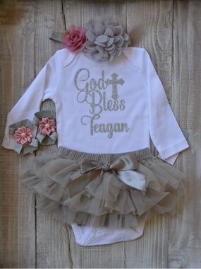 White & Gray Girls' Religious Tutu Bodysuit with Pink Flower Hair Accents